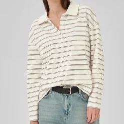 My Essential Wardrobe AnnaMW LS Polo Blouse Snow White Stripe